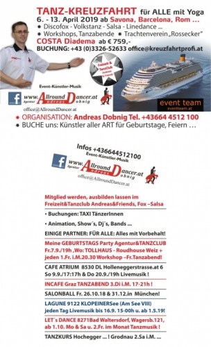 Visitenkarte Tanzkreuzfahrt  6.4.2019 mit Freizeit und Tanzclub Geburtstag Lagune Atrium München 31.12. Info +436644512100